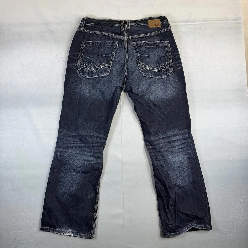 BKE Derek Jeans Mens 33R Blue Dark Wash Bootcut Western Buckle Stretch Denim